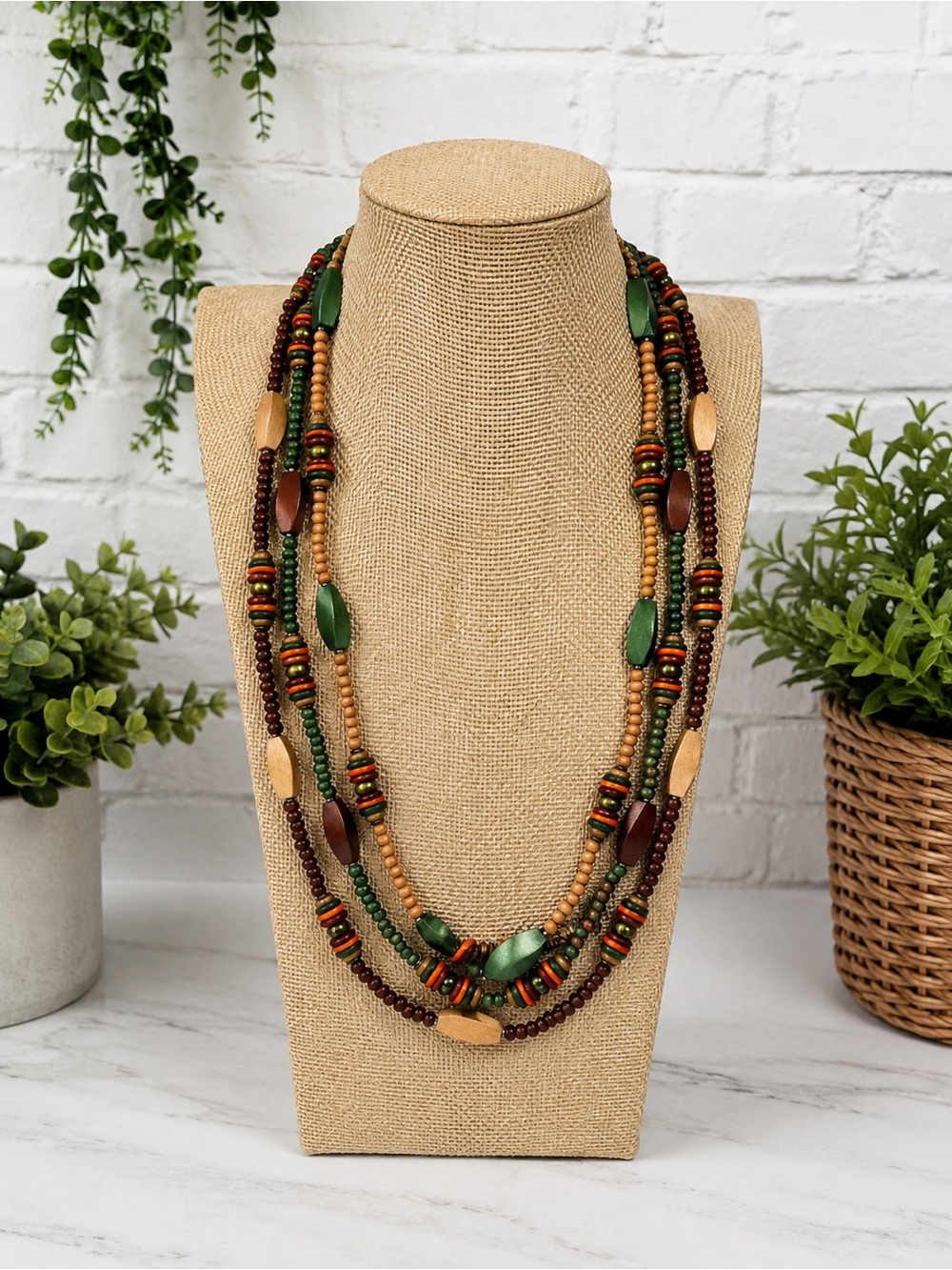 Multi-Strand Green & Brown Wood Beaded Women's Necklace